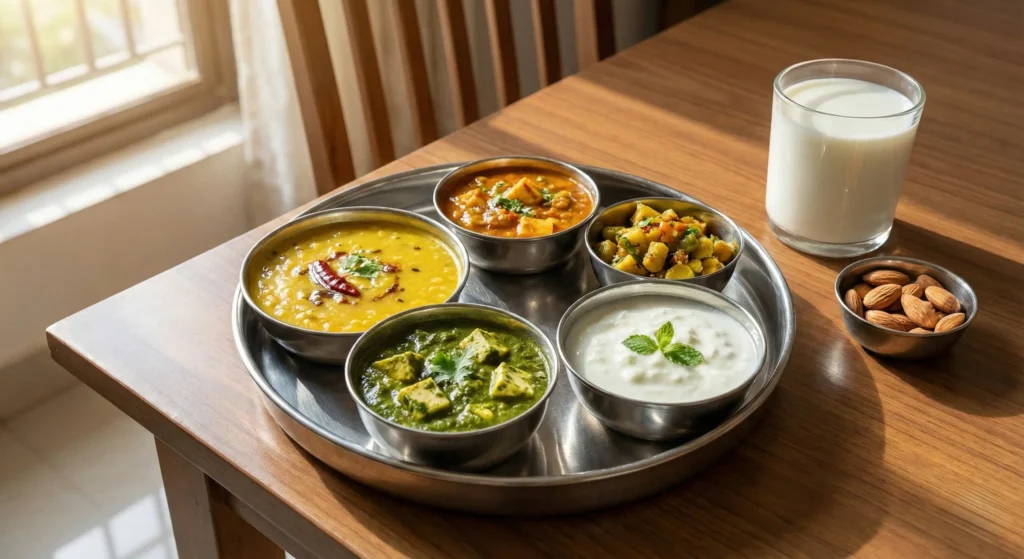 Healthy vegetarian Indian thali with dal and curd suggested by a fracture specialist in Nipania.
