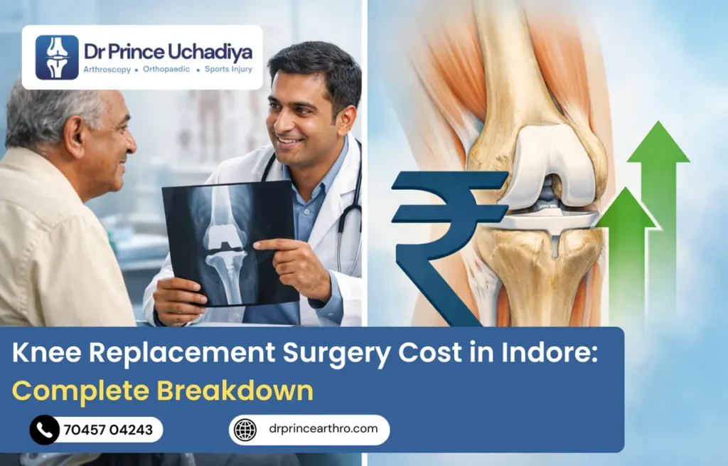 Knee replacement surgery cost in Indore explained by orthopaedic doctor with knee X-ray and pricing concept