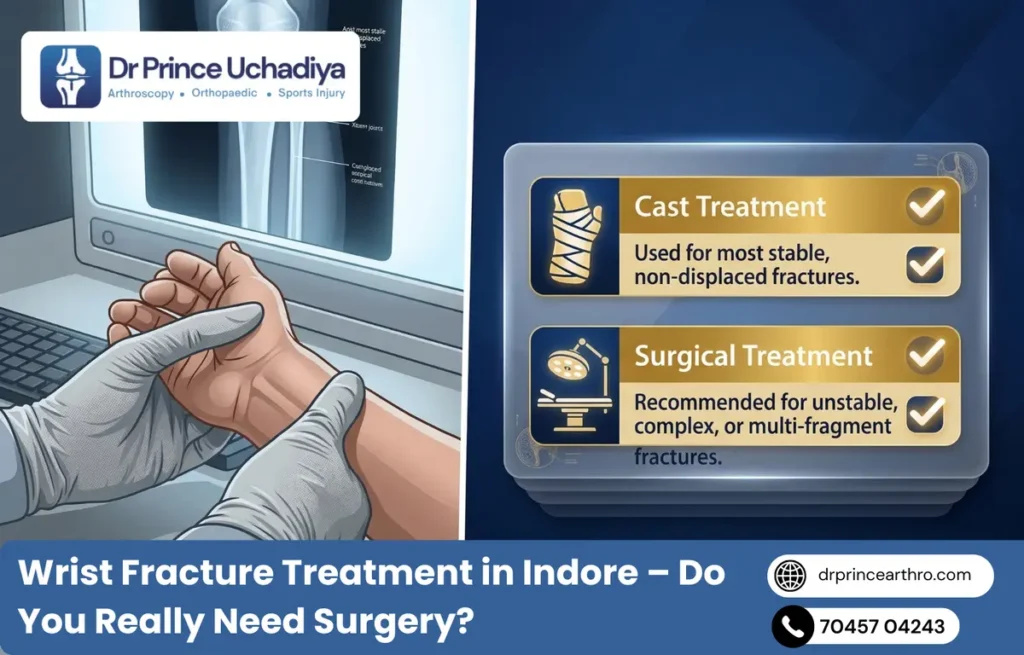 Wrist fracture treatment in Indore showing cast vs surgery decision with X-ray diagnosis