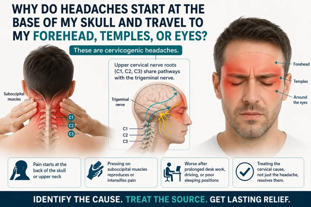Why do headaches start at the base of my skull and travel to my forehead, temples, or eyes