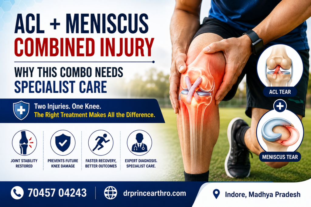 ACL and meniscus combined knee injury infographic showing ACL tear and meniscus tear anatomy, knee pain, specialist care benefits, and advanced orthopaedic treatment in Indore.