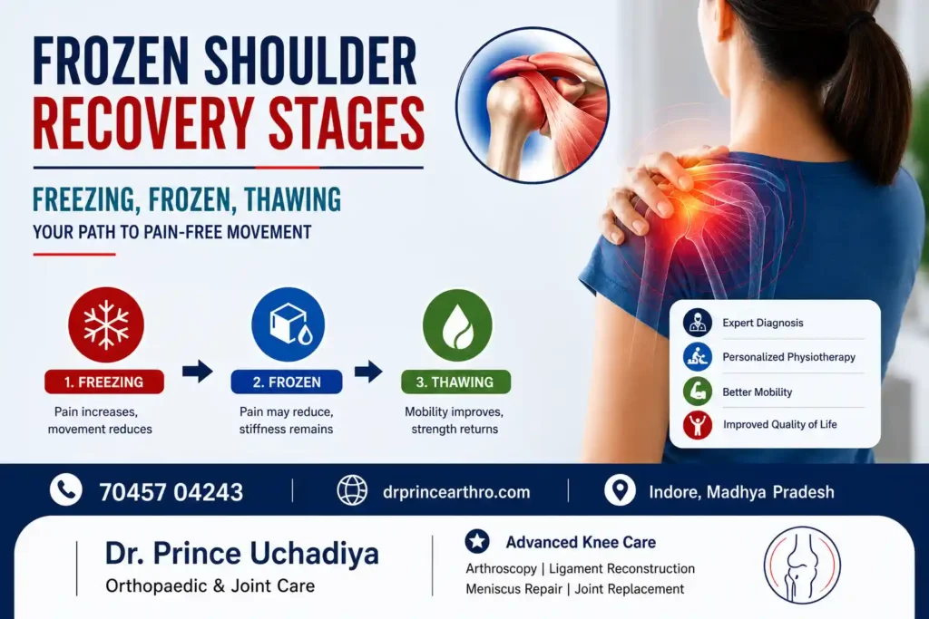 Frozen shoulder recovery stages infographic showing shoulder pain, stiffness, and healing phases including freezing, frozen, and thawing stages with medical shoulder illustrations.