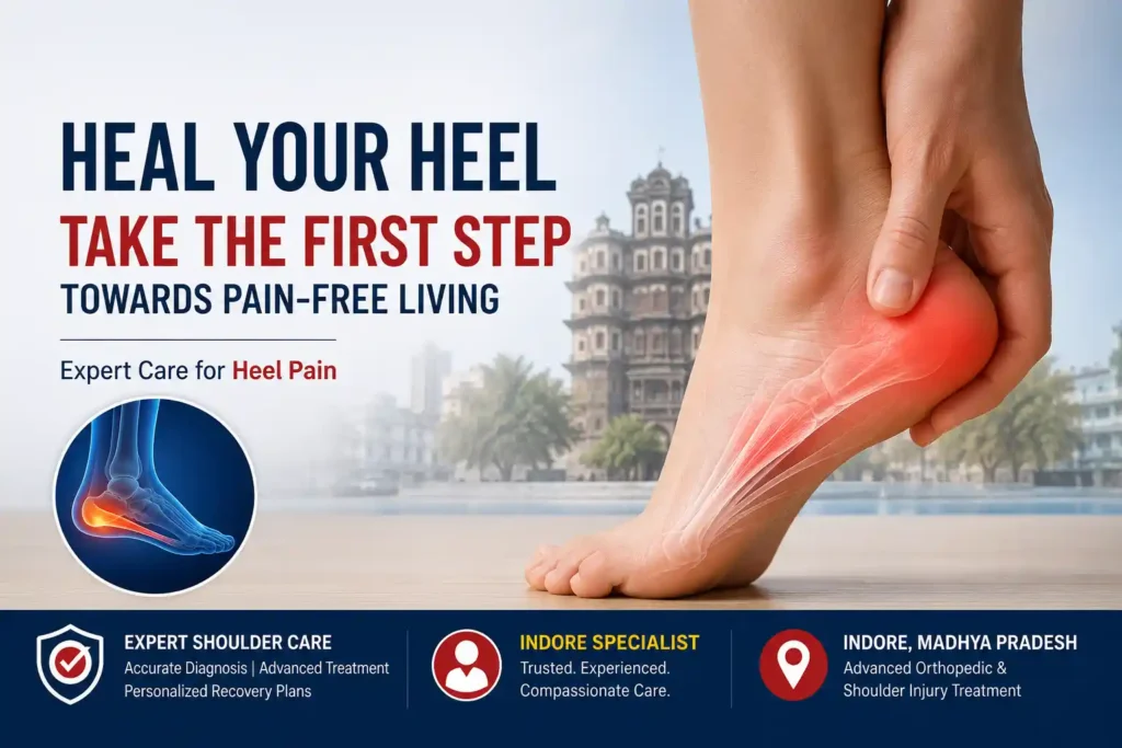 Person holding painful heel with highlighted plantar fascia area for plantar fasciitis treatment in Indore and heel pain relief solutions.
