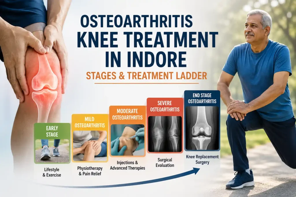 Medical infographic showing osteoarthritis knee treatment stages in Indore, explaining treatment ladder progression from lifestyle changes and physiotherapy to injections and knee replacement surgery.