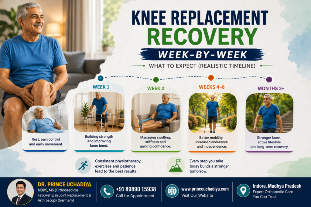 Knee replacement recovery timeline infographic showing week-by-week healing stages after knee replacement surgery, rehabilitation progress, mobility improvement, and long-term recovery milestones.