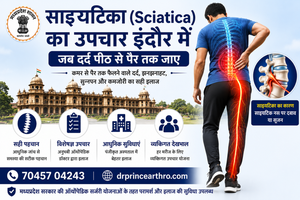 Sciatica treatment in Indore showing sciatic nerve pain radiating from lower back to leg with advanced orthopaedic care and sciatica pain management.