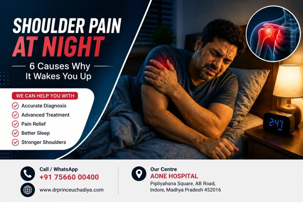 Person experiencing severe shoulder pain at night while lying in bed, highlighting causes of nighttime shoulder pain and orthopedic shoulder treatment options in Indore.