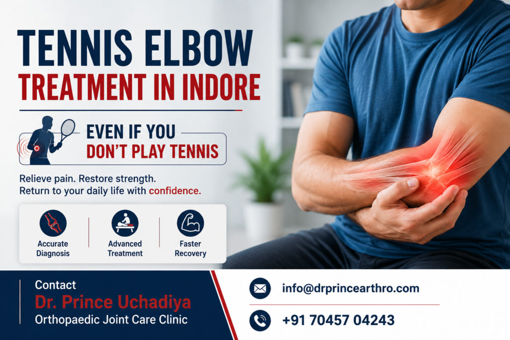 Person holding painful outer elbow with highlighted tendon area for Tennis Elbow Treatment in Indore, showing elbow pain relief and non-surgical treatment options.