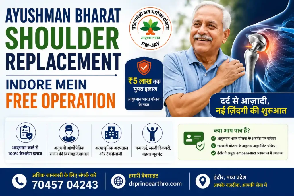 Ayushman Bharat shoulder replacement infographic showing free shoulder replacement surgery coverage in Indore under PM-JAY with shoulder implant illustration, eligibility details, and orthopaedic treatment information.