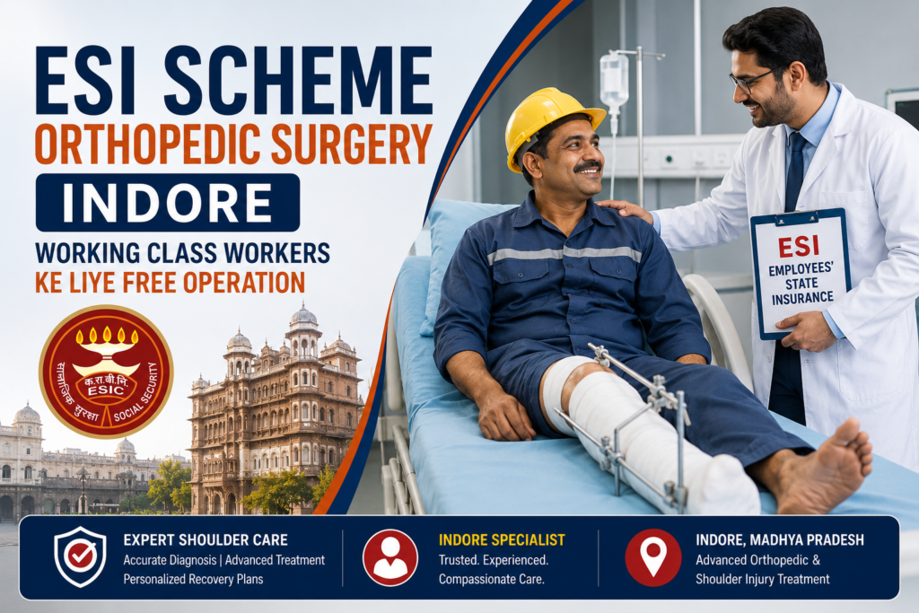 ESI Scheme orthopedic surgery awareness infographic showing free orthopedic operation benefits for working-class workers in Indore with hospital care, fracture treatment support, and employee insurance coverage.