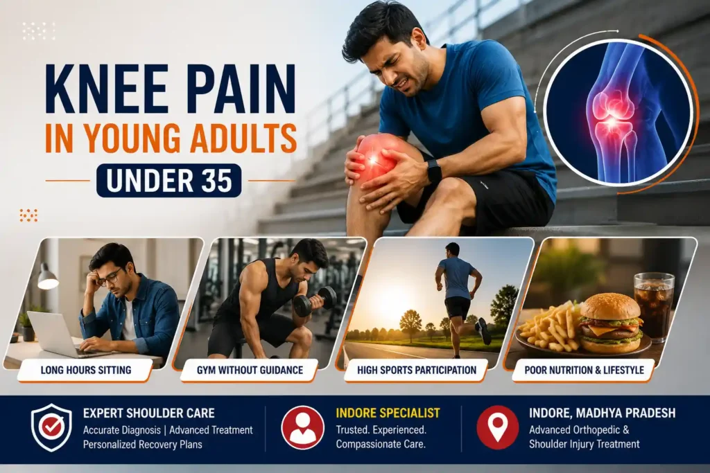 Young adult with knee pain holding his knee, showing common lifestyle-related causes of knee pain under 35 including long sitting hours, gym training mistakes, sports activity, and poor nutrition.