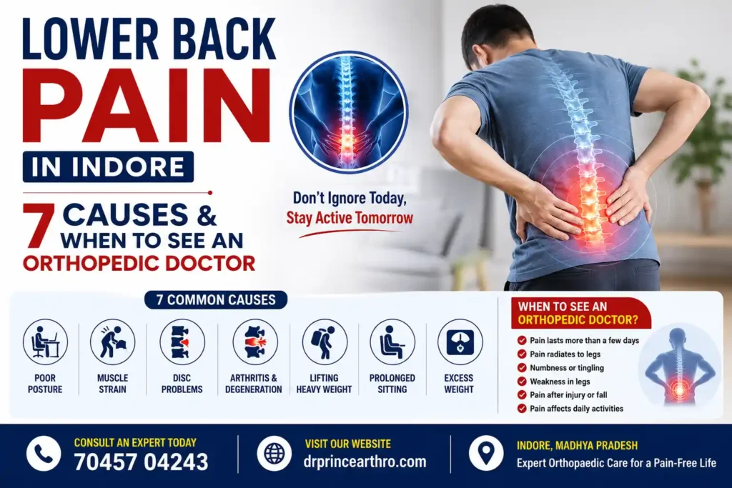 Lower back pain awareness poster showing a man holding his lower spine in pain, highlighting 7 common causes of back pain and signs for visiting an orthopedic doctor in Indore.