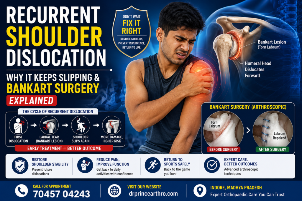 Recurrent shoulder dislocation infographic showing Bankart lesion, shoulder instability, repeated shoulder slipping, and arthroscopic Bankart surgery for restoring shoulder stability.