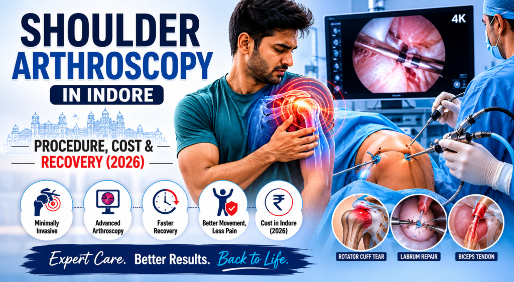 Shoulder arthroscopy in Indore showing minimally invasive shoulder surgery, rotator cuff treatment, arthroscopic procedure, recovery benefits, and advanced orthopaedic shoulder care.