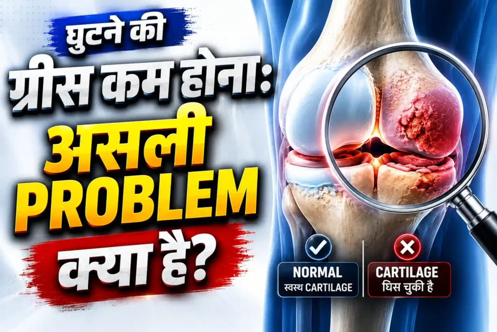 घुटने की ग्रीस कम होना नहीं बल्कि cartilage damage और knee osteoarthritis को दर्शाता हुआ knee joint illustration