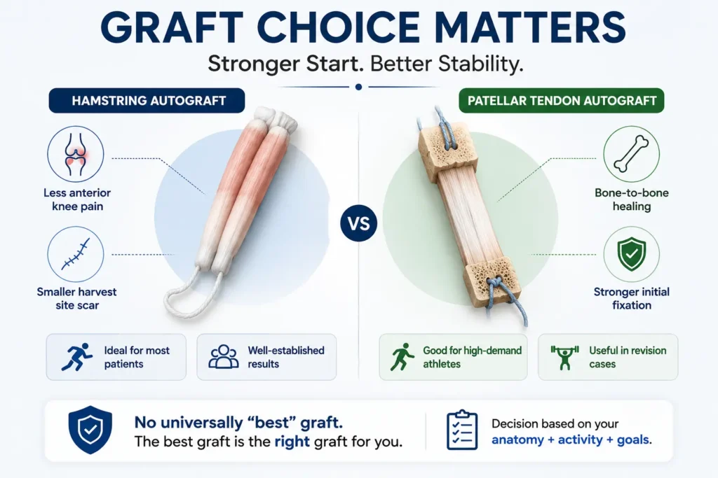 There is no universally best graft. There is a best graft for each patient. Hamstring autograft and patellar tendon autograft (bone-patellar tendon-bone) are the two most established options, each with distinct advantages.