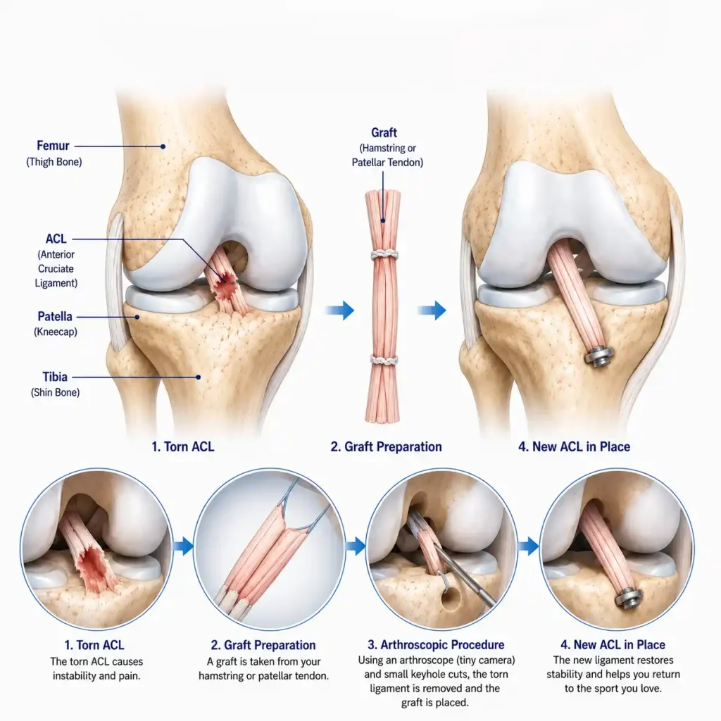 ACL surgery for gym athletes in Indore showing knee reconstruction and recovery