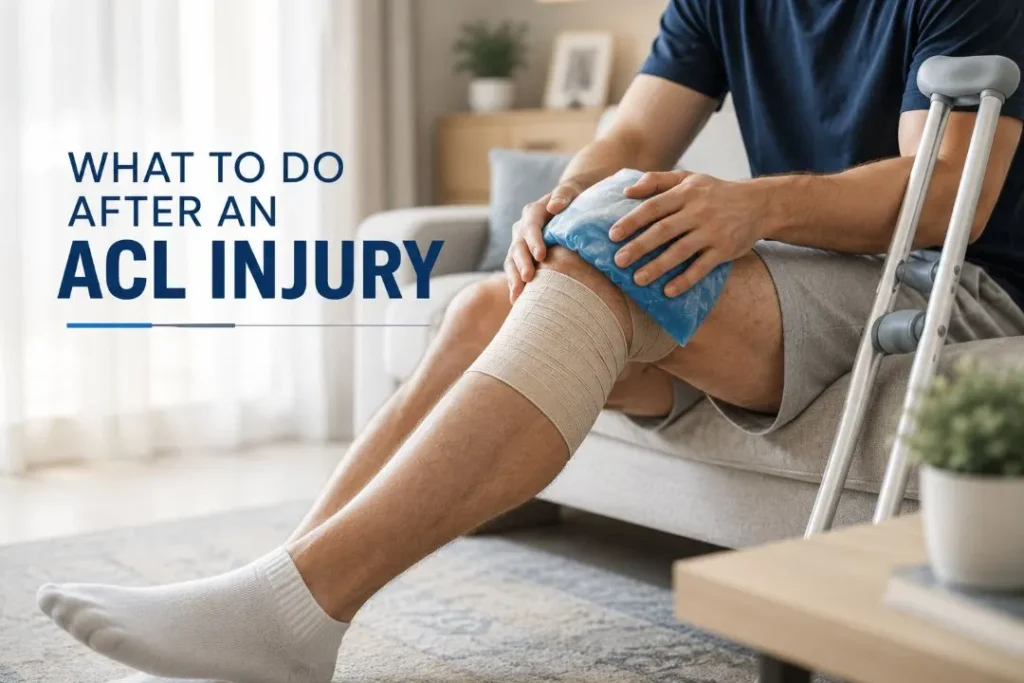 Person icing a bandaged knee after an ACL injury at home