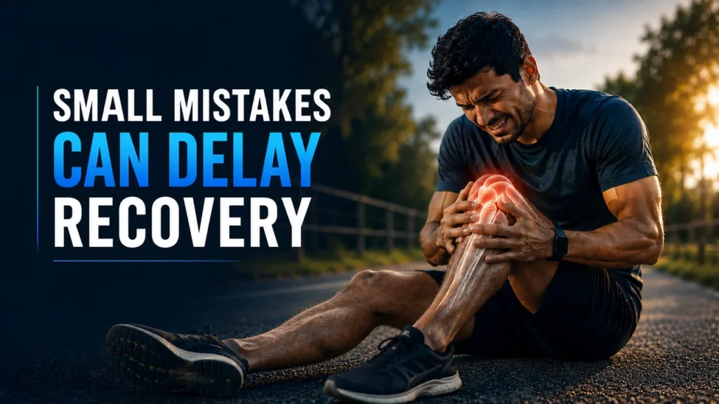 Athlete experiencing knee pain after an ACL injury while holding his injured knee outdoors