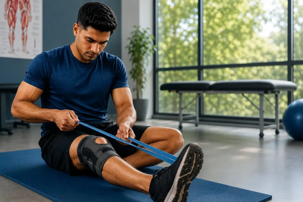 Man performing a resistance band exercise during ACL rehabilitation while wearing a knee brace