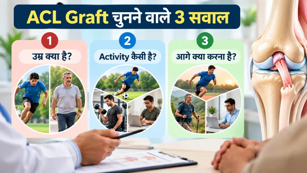 Infographic showing three questions for ACL graft selection: age, activity level, and future goals.