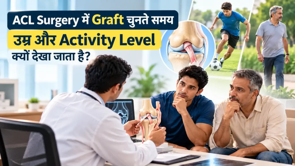 Orthopedic surgeon explaining ACL graft selection based on age and activity level to two patients using a knee anatomy model.