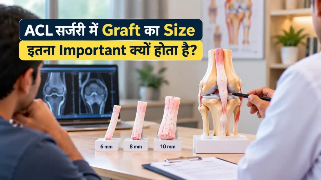 Orthopedic doctor explaining ACL graft size using a knee model and different graft diameter examples.