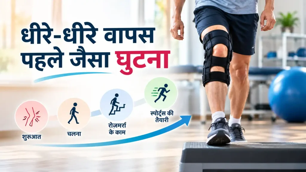 ACL recovery infographic showing gradual return from walking to daily activities and sports after surgery.
