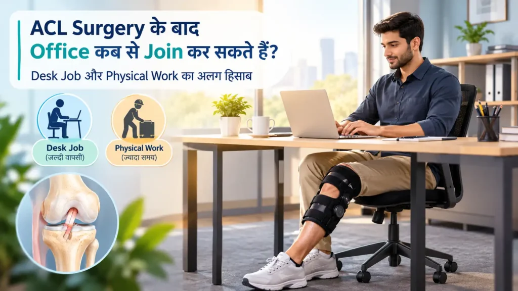ACL surgery patient working at a desk while recovering with a knee brace.