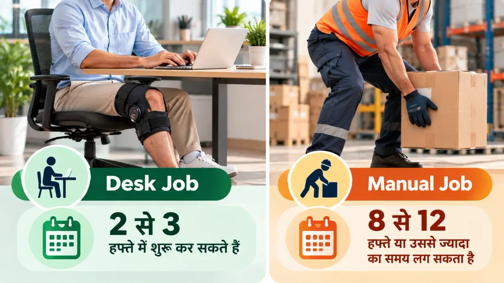 Infographic comparing ACL recovery timelines for desk jobs and manual jobs.