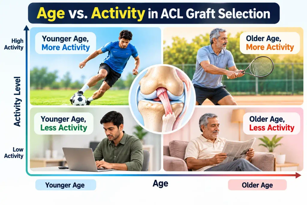 Infographic comparing younger and older age with different activity levels for ACL graft selection.