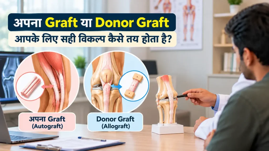 ACL surgery consultation comparing an autograft from the patient’s own tendon with a donor allograft using a knee anatomy model.