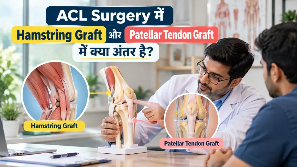 Orthopedic surgeon explaining Hamstring Graft and Patellar Tendon Graft locations using a knee anatomy model during a patient consultation.