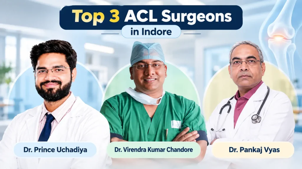 Top 3 ACL surgeons in Indore featuring Dr. Prince Uchadiya, Dr. Virendra Kumar Chandore, and Dr. Pankaj Vyas.