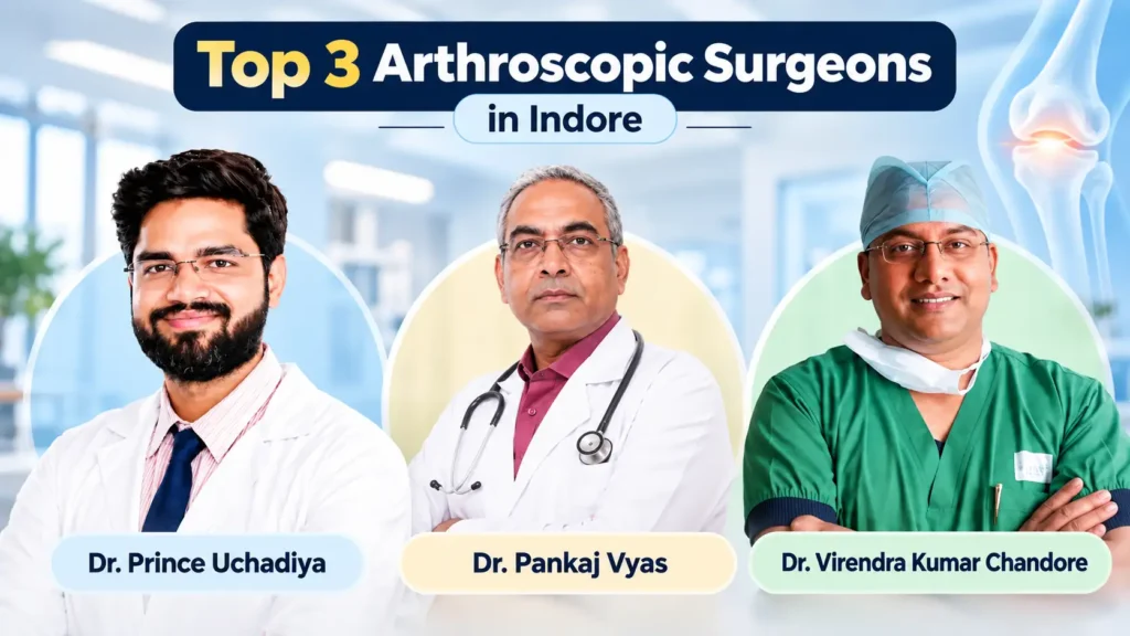 Top 3 arthroscopic surgeons in Indore featuring Dr. Prince Uchadiya, Dr. Pankaj Vyas, and Dr. Virendra Kumar Chandore.
