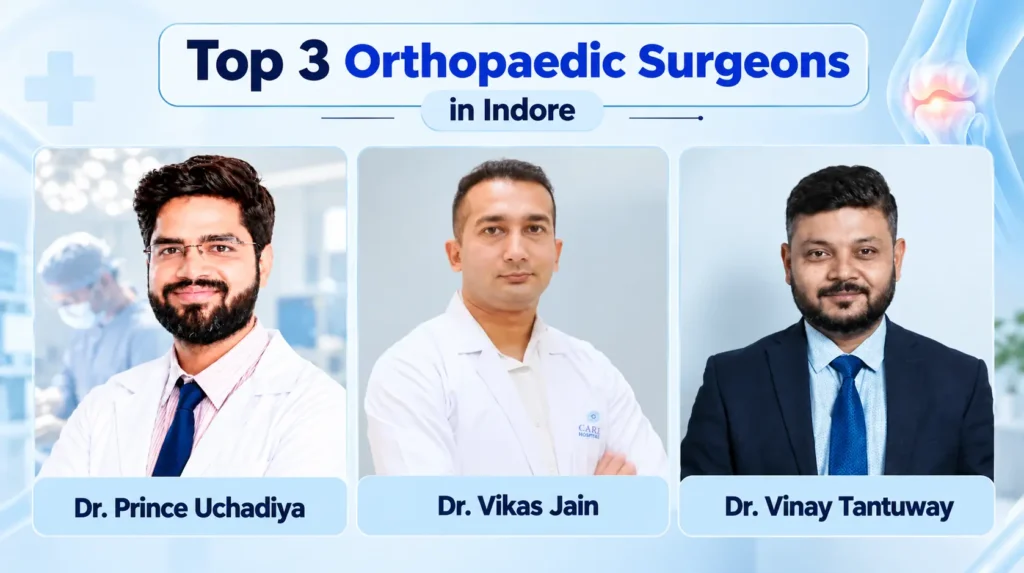 Top 3 orthopaedic surgeons in Indore featuring Dr. Prince Uchadiya, Dr. Vikas Jain, and Dr. Vinay Tantuway.